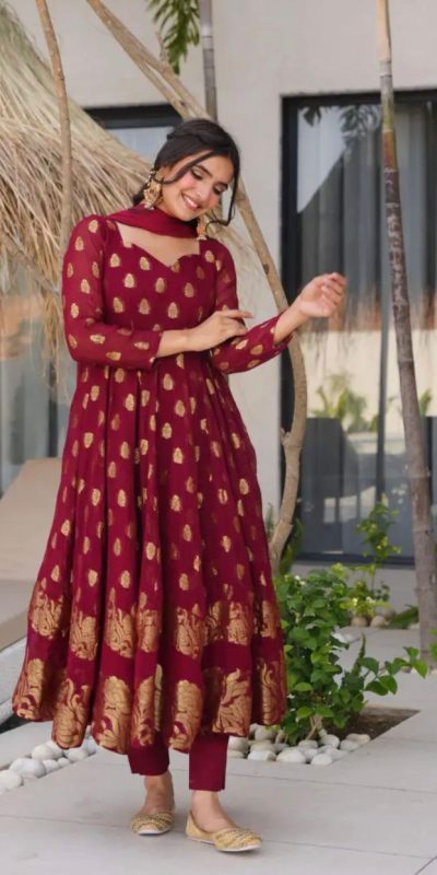 VLM 299 Maroon Faux Georgette With Embroidery Work Gown Perfect for Wedding, Party, Ethnic Day, Housewarming, Cultural Events At 2099/-Only | Gowns, Bollywood Gowns, Creative Gowns, Designer Gowns, Embroidered Gowns, Party Wear Gowns
