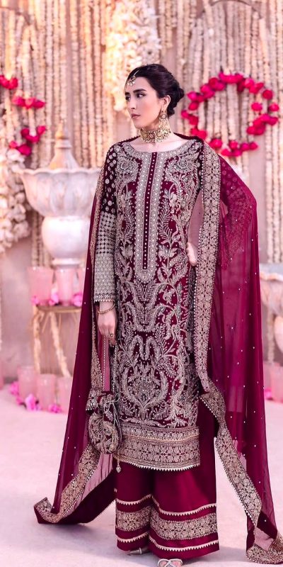 SRK 5297 Maroon Heavy Faux Georgette With Chain Stitch Embroidery Sequence Work Salwar Suit Wedding, Party, Festive, Events, 4-6 Working Days At 2399 | Casual Suits, Jump Suits, Salwar suit, Creative suits, Designer Suits, Palazzo Suits, Party Wear Suits, Patiala Suits, Straight Suits