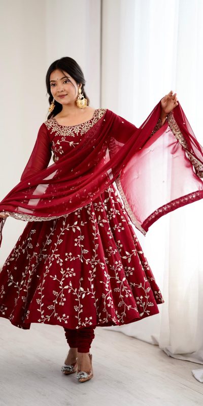 Maroon Faux Georgette With Embroidery Gown