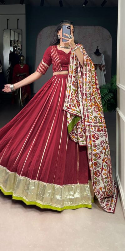 LNB 1658 Maroon Pure Chanderi with Zari Work & Gotta Patti Work Lehenga Choli . Introductory Price ₹3199. Delivery 4-6 Working Days. Shop now. | Lehenga, Bollywood Lehenga, Creative Lehenga, Designer Lehenga, Embroidered Lehenga, Party Wear Lehenga