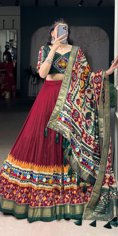 Maroon Tasar Silk Gamthi Work Lehenga Choli