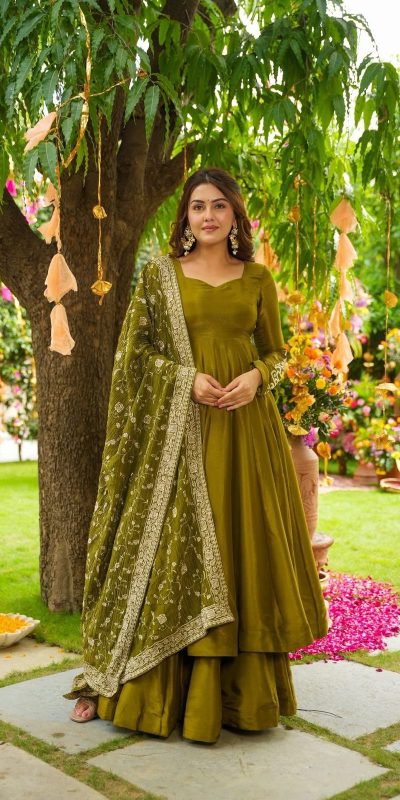 Mehandi German Chiffon With Sequence Gown