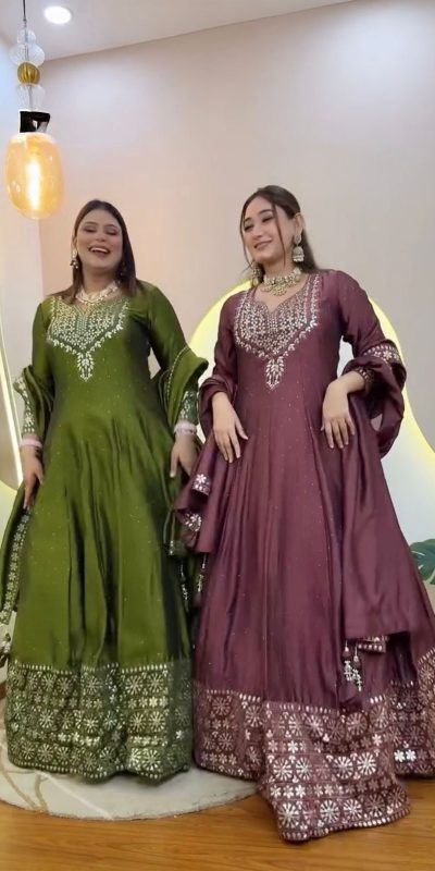 Mehandi Roman Simmer Embroidery Gown