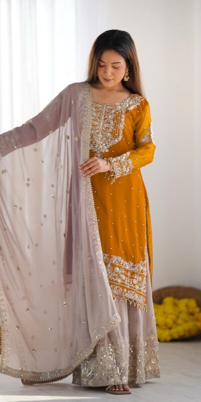 SR 1676 Mustard Heavy Faux Georgette With Heavy Embroidery Perfect for Wedding, Party, Ethnic Day, Reception, Diwali 4-6 Working Days At 2049/- Only | Casual Suits, Jump Suits, Salwar suit, Creative suits, Designer Suits, Palazzo Suits, Party Wear Suits, Patiala Suits, Straight Suits