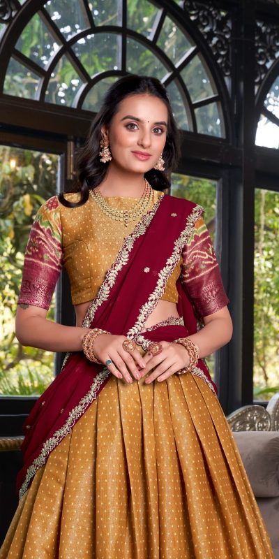 LNB 1240 Mustard Kanchipuram With Embroidery Work & Zari Work Lehenga Choli ₹2499 on Availablely. Delivery 4-6 Working Days. Shop now. | Lehenga, Bollywood Lehenga, Creative Lehenga, Designer Lehenga, Embroidered Lehenga, Party Wear Lehenga