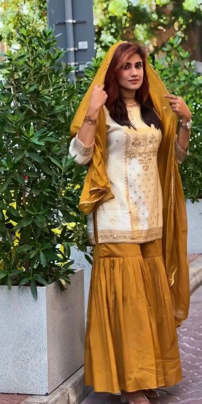 Mustard Natural Crep Lace Work Salwar Suit