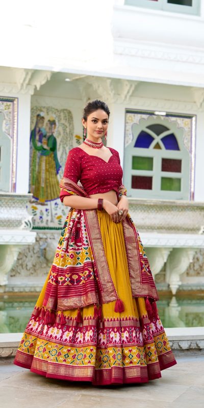 Mustard Tasar Silk Patola Print Gotta Patti Lehenga Choli