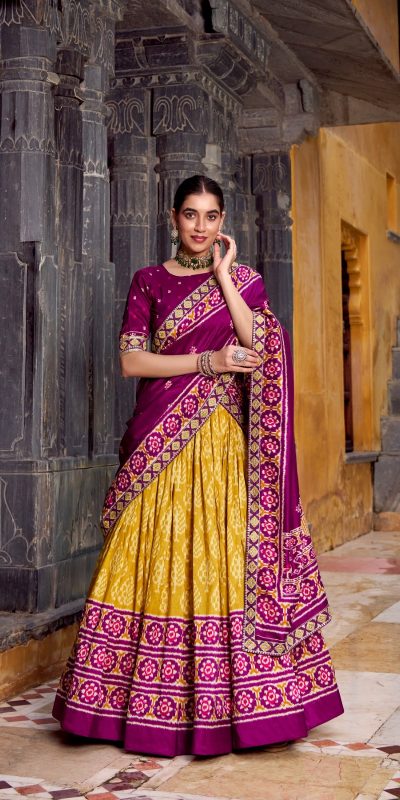 Mustard Tasar Silk Sequins Embroidery Work Lehenga Choli