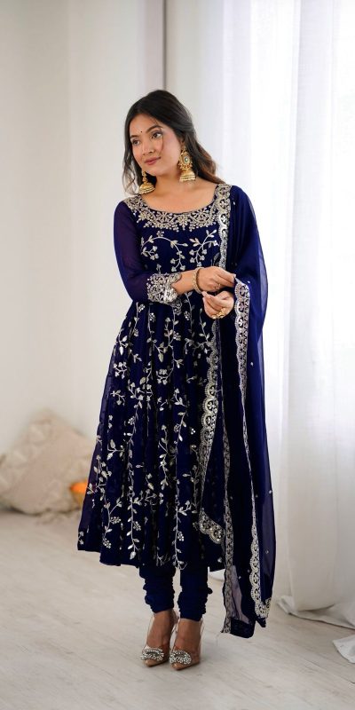 Navy Blue Faux Georgette With Embroidery Gown