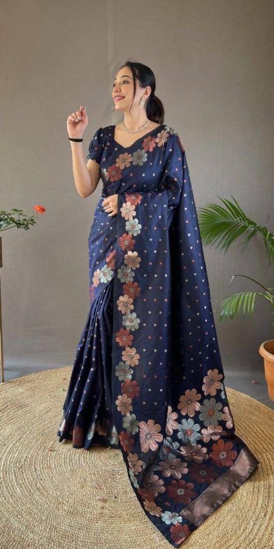 KP 6003 Navy Blue Soft Lichi Silk Cloth Lace Work & Lace Border Saree in Best Price ₹1399. Delivery 4-6 Working Days. Shop now. | Designer Sarees, Embroidered Sarees, Sarees, Bollywood Sarees, Creative Sarees, Ethnic Saree, Modern Digital sarees, Party Wear Sarees