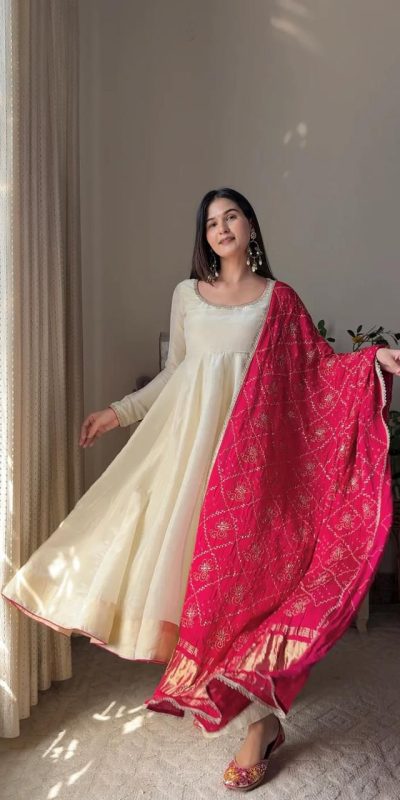 Off White Chinon Lace Border Work Gown