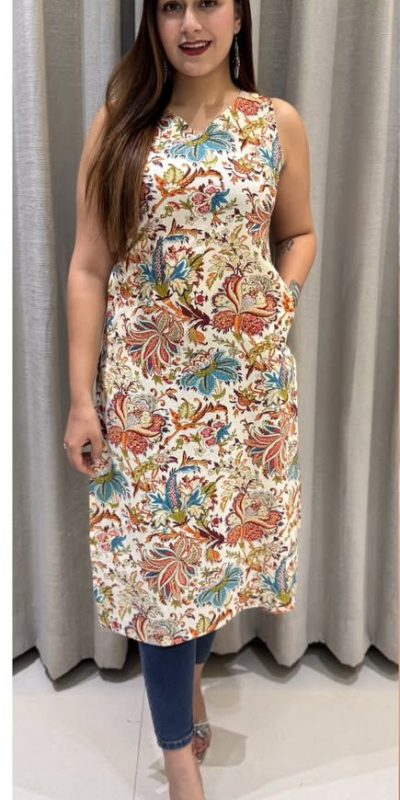 Off White Cotton Printed Kurti