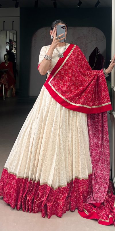 Off White Cotton With Sequins Work Lehenga Choli