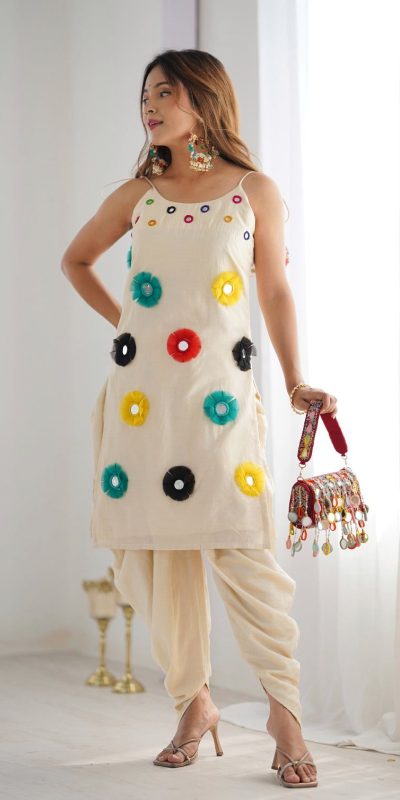 Off White Khadi Cotton Mirror Work Dhoti Suit