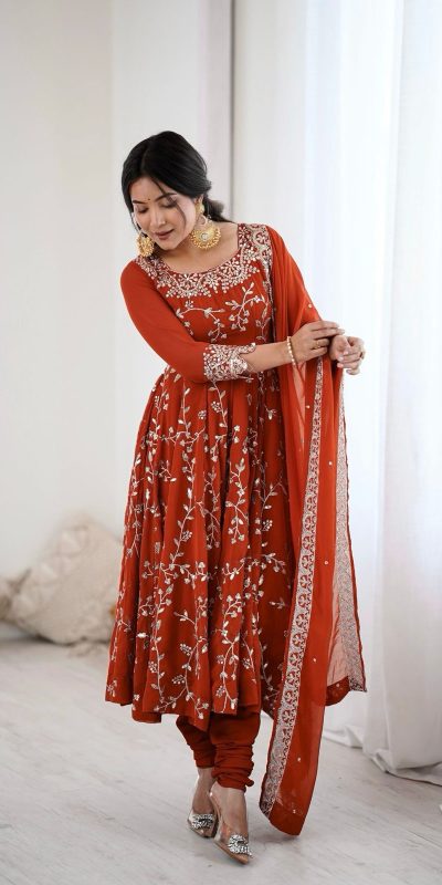 Orange Faux Georgette With Embroidery Gown
