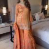 Orange Faux Georgette With Lace Work Salwar Suit