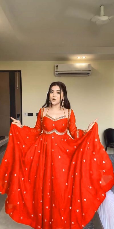 RTC 5924 Orange Georgette Thread With Sequence Gown Perfect for Wedding, Party, Reception, Holi, Eid . Available at ₹1999 only. Delivery 4-6 Working Days. | Gowns, Bollywood Gowns, Creative Gowns, Designer Gowns, Embroidered Gowns, Party Wear Gowns