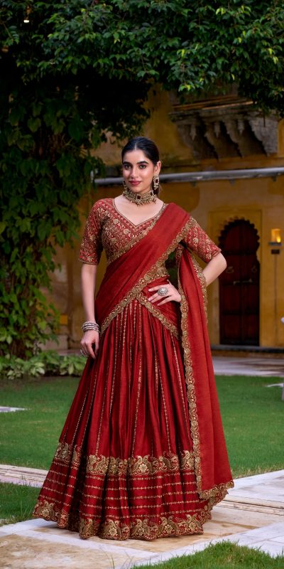 Orange Rangoli Crush With Embroider Lehenga Choli