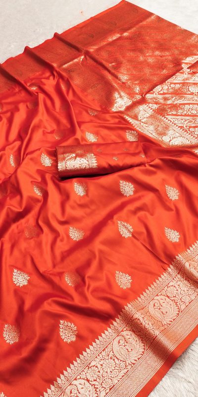 Orange Soft Banarasi Cotton Silk Zari Work Saree