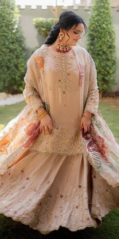 Peach Chinon Embroidery Digital Print Lehenga Choli