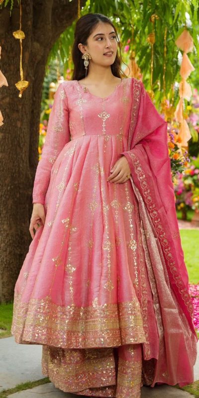 SSR 526 Peach Crunchy Silk With Heavy Embroidery Sequence Work With Fully Flair Salwar Suit Wedding, Party, Festive, Events, Now at just ₹2399. Delivery 4 | Casual Suits, Jump Suits, Tops & Bottoms, Track Suits, Salwar suit, Creative suits, Designer Suits, Palazzo Suits, Party Wear Suits, Patiala Suits, Straight Suits, Trendy Wear