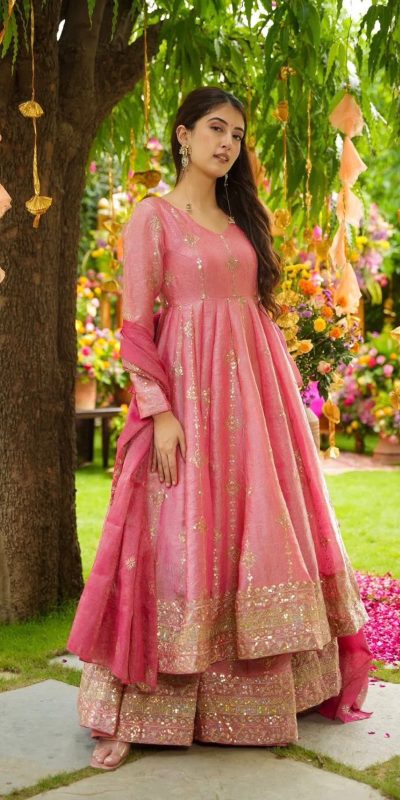 SSR 526 Peach Crunchy Silk With Heavy Embroidery Sequence Work With Fully Flair Salwar Suit Wedding, Party, Festive, Events, Now at just ₹2399. Delivery 4 | Casual Suits, Jump Suits, Tops & Bottoms, Track Suits, Salwar suit, Creative suits, Designer Suits, Palazzo Suits, Party Wear Suits, Patiala Suits, Straight Suits, Trendy Wear