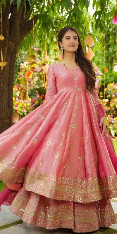 SSR 526 Peach Crunchy Silk With Heavy Embroidery Sequence Work With Fully Flair Salwar Suit Wedding, Party, Festive, Events, Now at just ₹2399. Delivery 4 | Casual Suits, Jump Suits, Tops & Bottoms, Track Suits, Salwar suit, Creative suits, Designer Suits, Palazzo Suits, Party Wear Suits, Patiala Suits, Straight Suits, Trendy Wear