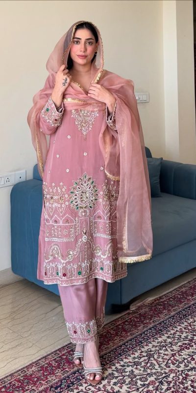 Peach French Crape Lace Embroidery Work Salwar Suit