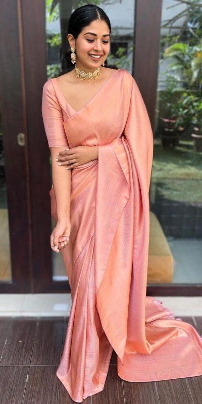 Peach Soft Lichi Silk Lace Work Border Saree