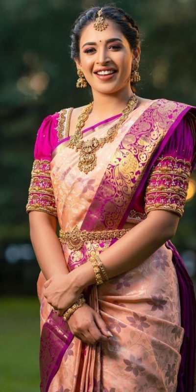 Peach Soft Lichi Silk With Lace Work Saree