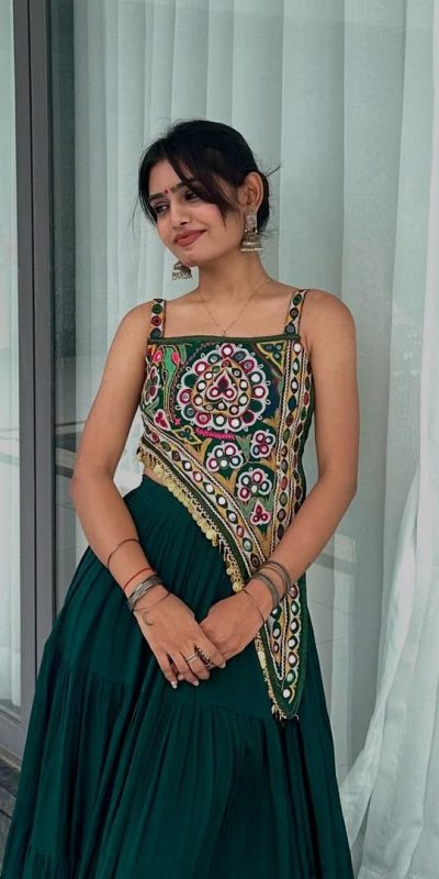 Peacock Blue Chinon Mirror Work Lehenga Choli