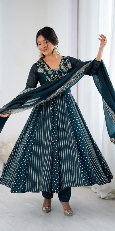 SRK 5293 Peacock Blue With Crunchy Silk With Fully Flair with Lace Work & Embroidery Work Anarkali Gown . Introductory Price ₹2149. Delivery 4-6 Worki | Gowns, Bollywood Gowns, Creative Gowns, Designer Gowns, Embroidered Gowns, Party Wear Gowns
