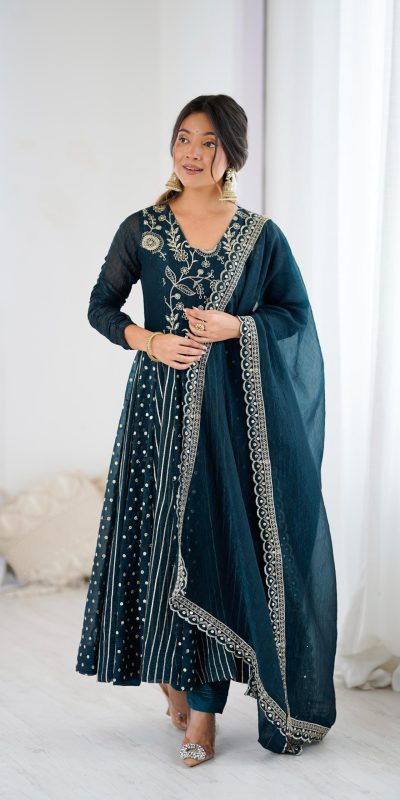 SRK 5293 Peacock Blue With Crunchy Silk With Fully Flair with Lace Work & Embroidery Work Anarkali Gown . Introductory Price ₹2149. Delivery 4-6 Worki | Gowns, Bollywood Gowns, Creative Gowns, Designer Gowns, Embroidered Gowns, Party Wear Gowns