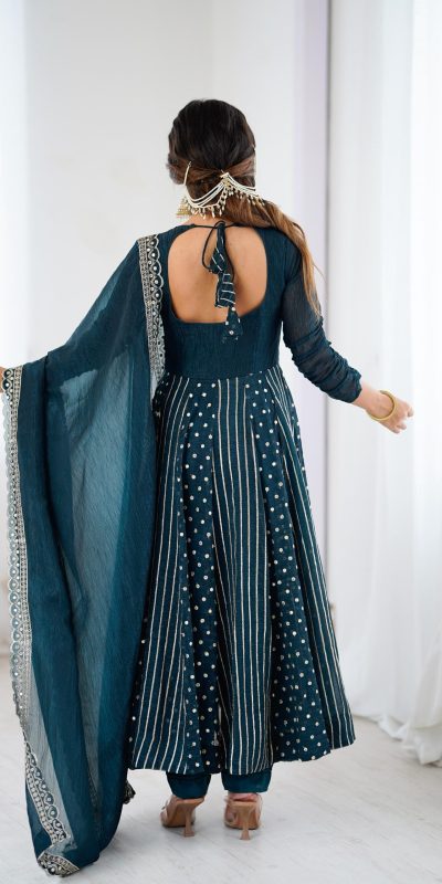 SRK 5293 Peacock Blue With Crunchy Silk With Fully Flair with Lace Work & Embroidery Work Anarkali Gown . Introductory Price ₹2149. Delivery 4-6 Worki | Gowns, Bollywood Gowns, Creative Gowns, Designer Gowns, Embroidered Gowns, Party Wear Gowns