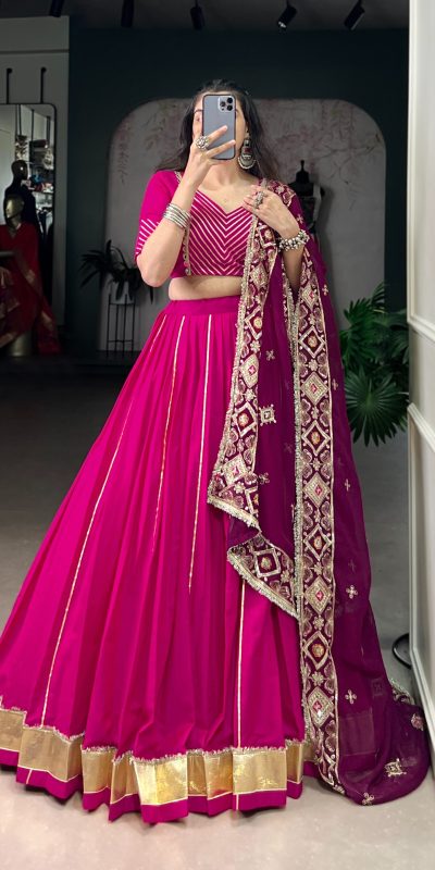 Pink Cotton Mirror Work Lehenga Choli