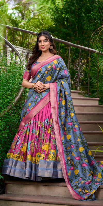 Pink Dola Silk Kalamkari Print Zari Lehenga Choli