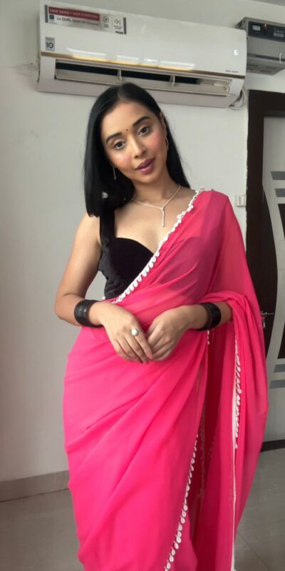 SC 239 Pink Georgette With Lace Work & Lace Border Saree . Wedding, Party, Festive, Events, Exclusive Offer ₹1599. Delivery 4-6 Working Days. Shop now. | Designer Sarees, Embroidered Sarees, Sarees, Bollywood Sarees, Creative Sarees, Ethnic Saree, Modern Digital sarees, Party Wear Sarees