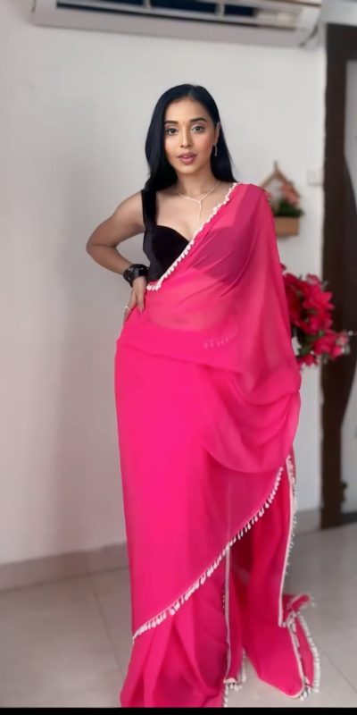 SC 239 Pink Georgette With Lace Work & Lace Border Saree . Wedding, Party, Festive, Events, Exclusive Offer ₹1599. Delivery 4-6 Working Days. Shop now. | Designer Sarees, Embroidered Sarees, Sarees, Bollywood Sarees, Creative Sarees, Ethnic Saree, Modern Digital sarees, Party Wear Sarees