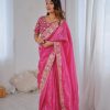 Pink Gold Crush Silk With Embroidery Work Saree