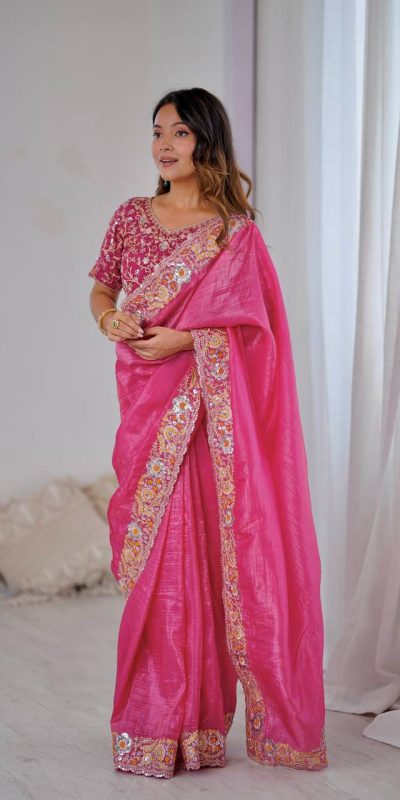 Pink Gold Crush Silk With Embroidery Work Saree