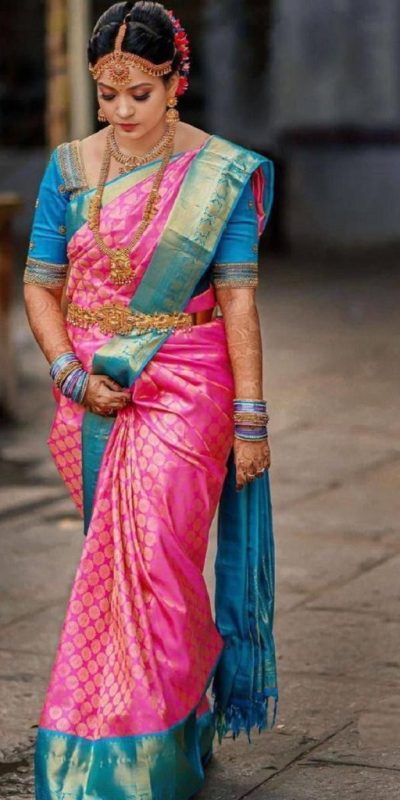 Pink Lichi Silk With Lace Work Saree