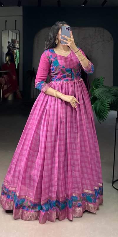 YNF 5034 Pink Polyester Viscose Chanderi Zari Work & Lace Work Gown in . Affordable Price ₹1799. Delivery 4-6 Working Days. Shop now. | Gowns, Bollywood Gowns, Creative Gowns, Designer Gowns, Embroidered Gowns, Party Wear Gowns