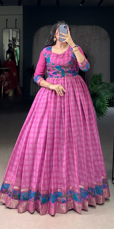 YNF 5034 Pink Polyester Viscose Chanderi Zari Work & Lace Work Gown in . Affordable Price ₹1799. Delivery 4-6 Working Days. Shop now. | Gowns, Bollywood Gowns, Creative Gowns, Designer Gowns, Embroidered Gowns, Party Wear Gowns