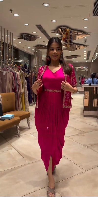 Pink Printed Chinon With Lace Work Dhoti Suit