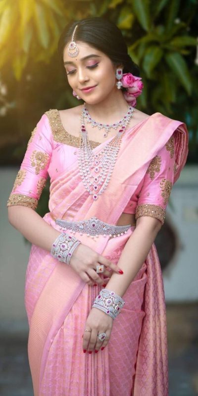 Pink Soft Lichi Silk Jacquard Border Saree