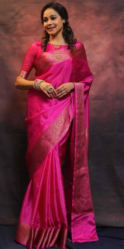 Pink Soft Lichi Silk Lace Border Saree