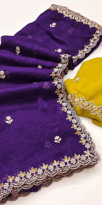 Purple Crunchy Ciffon Embroidery Work Saree