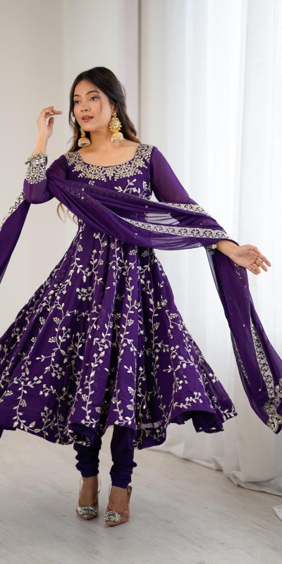Purple Faux Georgette With Embroidery Gown