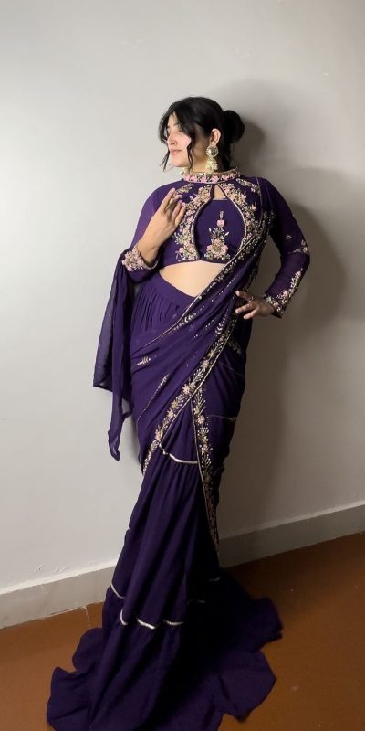 BE 280 Purple Georgette Lehenga Saree Perfect for Wedding, Party, Cultural Events, Housewarming, Ganesh Chaturthi . Affordable Price ₹2399. Delivery 4- | Lehenga, Bollywood Lehenga, Creative Lehenga, Designer Lehenga, Embroidered Lehenga, Party Wear Lehenga