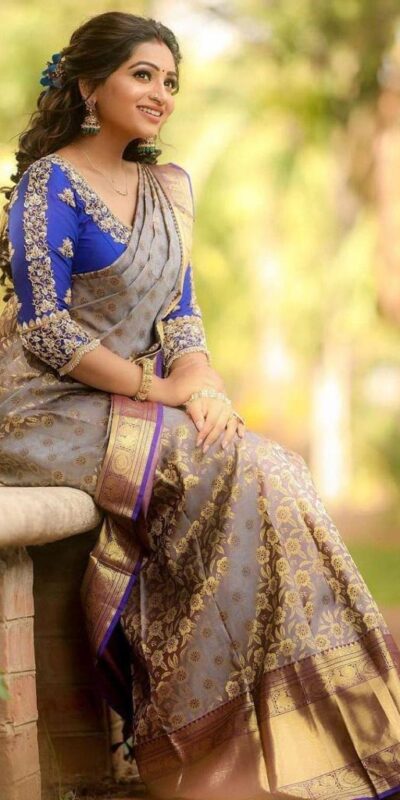 KP 3077 Purple Soft Lichi Silk Saree Perfect for Wedding, Party, Housewarming, Baby Shower, Onam . Available at ₹1599 only. Delivery 4-6 Working Da | Designer Sarees, Embroidered Sarees, Sarees, Bollywood Sarees, Creative Sarees, Ethnic Saree, Modern Digital sarees, Party Wear Sarees